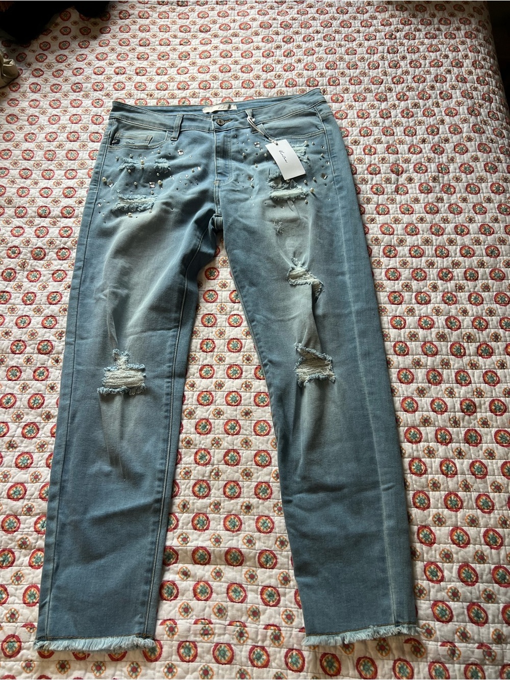 Nwt Kancan Embellished Jewel Pearl Straight Leg Ankle Crop Jeans size 15/31